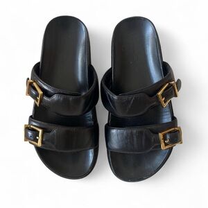 Massimo Diutti Black Leather Double Strap Slide Sandals with Gold Buckles